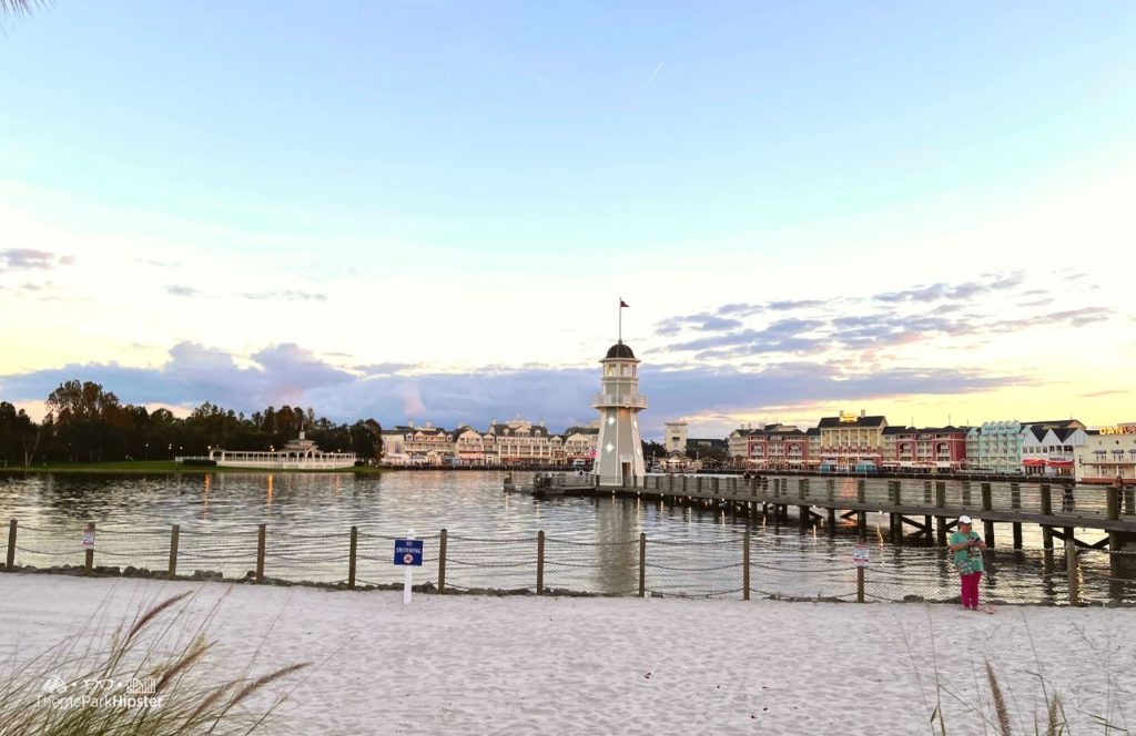 Christmas at Disney Boardwalk Inn and Villas over Crescent Lake with Lighthouse