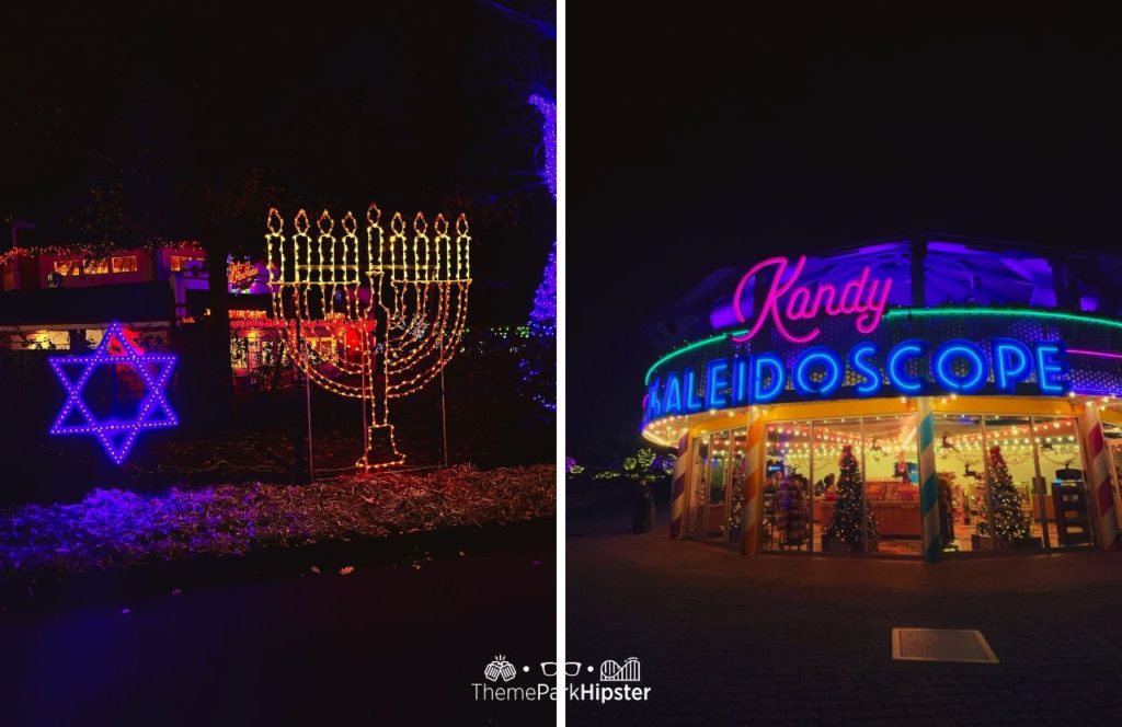 Hanukkah Menorah next to Kandy Kaleidoscope. Kennywood Christmas Lights at the Holiday Lights Event 2024