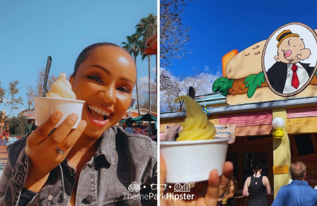 Universal Orlando Resort NikkyJ eating Dole Whip at Wimpy's in Islands of Adventure Toon Lagoon having the best food at Islands of Adventure for cheap.