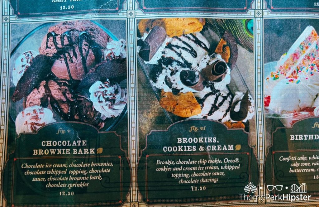 Universal Orlando Resort Toothsome Chocolate Emporium Menu with Brookies Cookies and Cream Sundae Photos