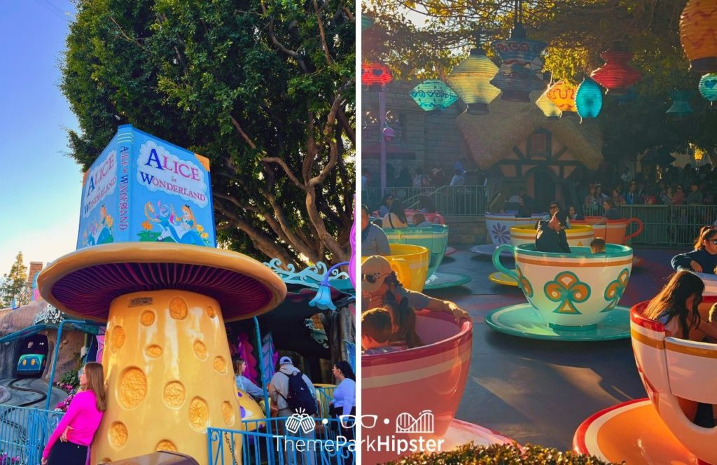 Disneyland Resort Alice in Wonderland Ride next to Mad Hatter Tea Party Ride in Fantasyland. Keep reading for your own Disneyland Itinerary and planner!