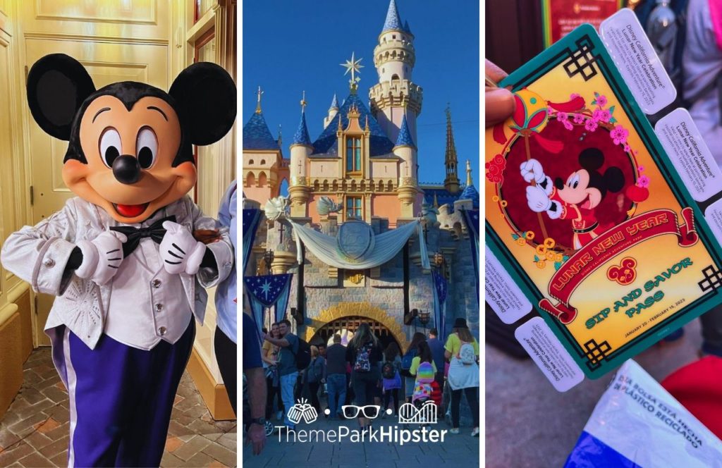 Disneyland Resort Mickey Mouse in his 100 year outfit next to Sleeping Beauty Castle and Lunar New Year Sip and Savor Pass. Keep reading to uncover all you need to know about how big is Disney world. 