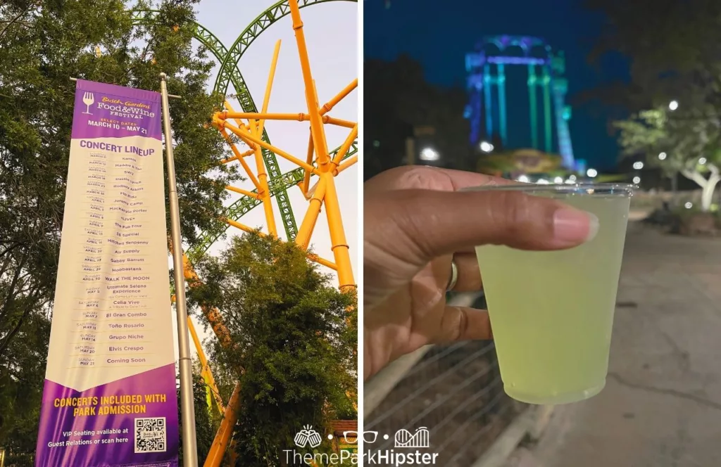 Busch Gardens Tampa Food and Wine Festival Concert line up next to Serengeti Flyer Cocktail