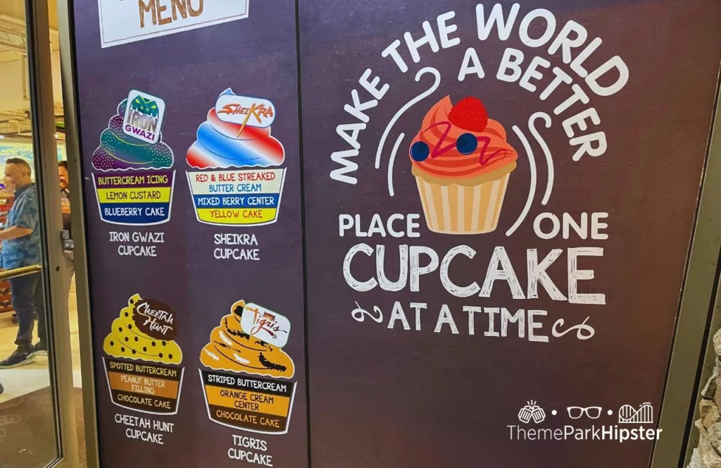 Busch Gardens Tampa Food and Wine Festival Cupcake Corner Menu Iron Gwazi, Sheikra Cupcake, Cheetah Hunt cupcake, and Tigris Cupcake