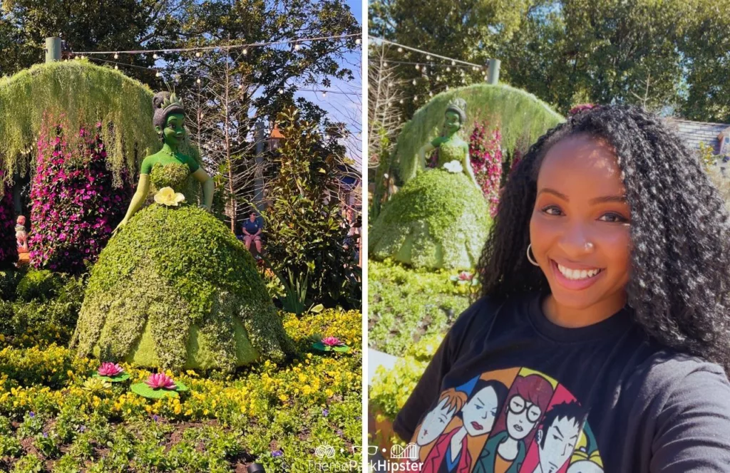 Epcot Flower and Garden Festival 2024 Princess Tiana Topiary in the American Pavilion with NikkyJ. Keep reading to learn the difference between alone vs lonely and how to have the perfect solo Disney World trip.