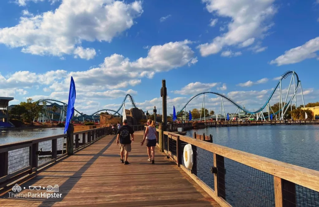 SeaWorld Orlando Resort Boardwalk view of Pipeline Roller Coaster. Keep reading to learn about the SeaWorld height requirements 2024.