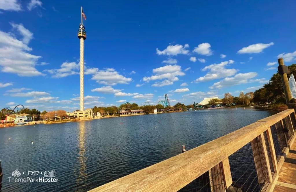 SeaWorld Orlando Resort Lagoon with Sky Tower. Keep reading to learn about the SeaWorld height requirements 2024.