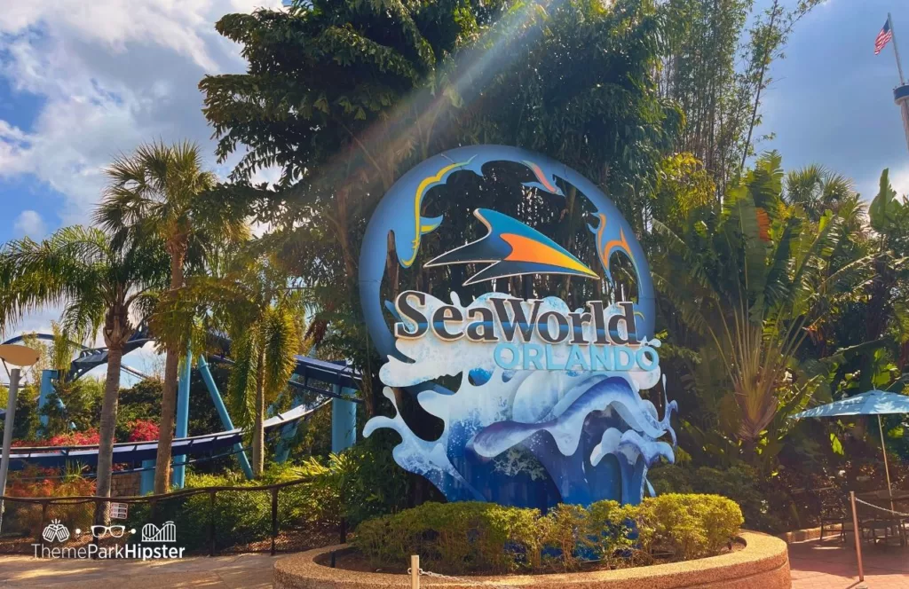 SeaWorld Orlando Resort logo sign next to Manta Roller Coaster near Disney World. Keep reading find out all you need to know about Encore Resort.