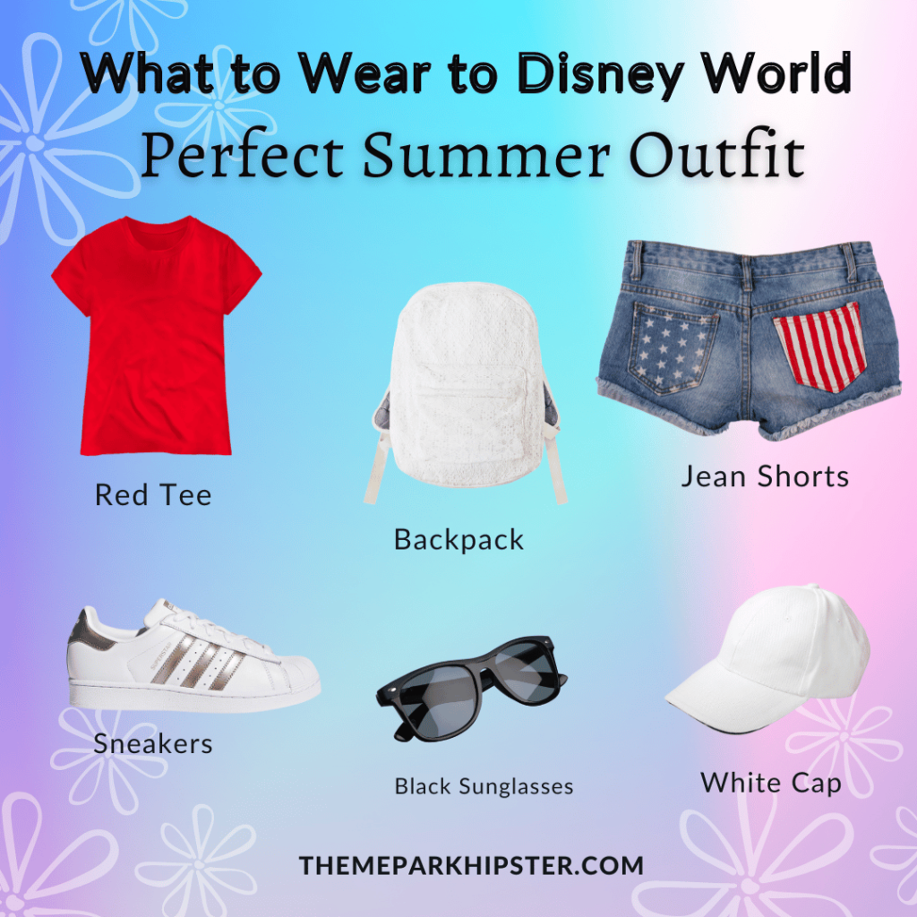 Main Disney Outfit What to Wear to Disney World in July red shirt with white backpack, patriotic jean shorts, white sneakers, black sunglasses and white cap