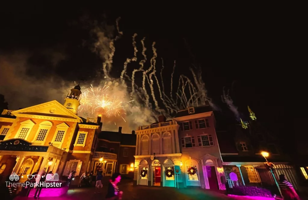 Mickey's Not So Scary Halloween Party at Disney's Magic Kingdom Theme Park Fireworks Show over Cinderella Castle Over the Hall of Presidents in Liberty Square. Disney's Not-So-Spooky Spectacular