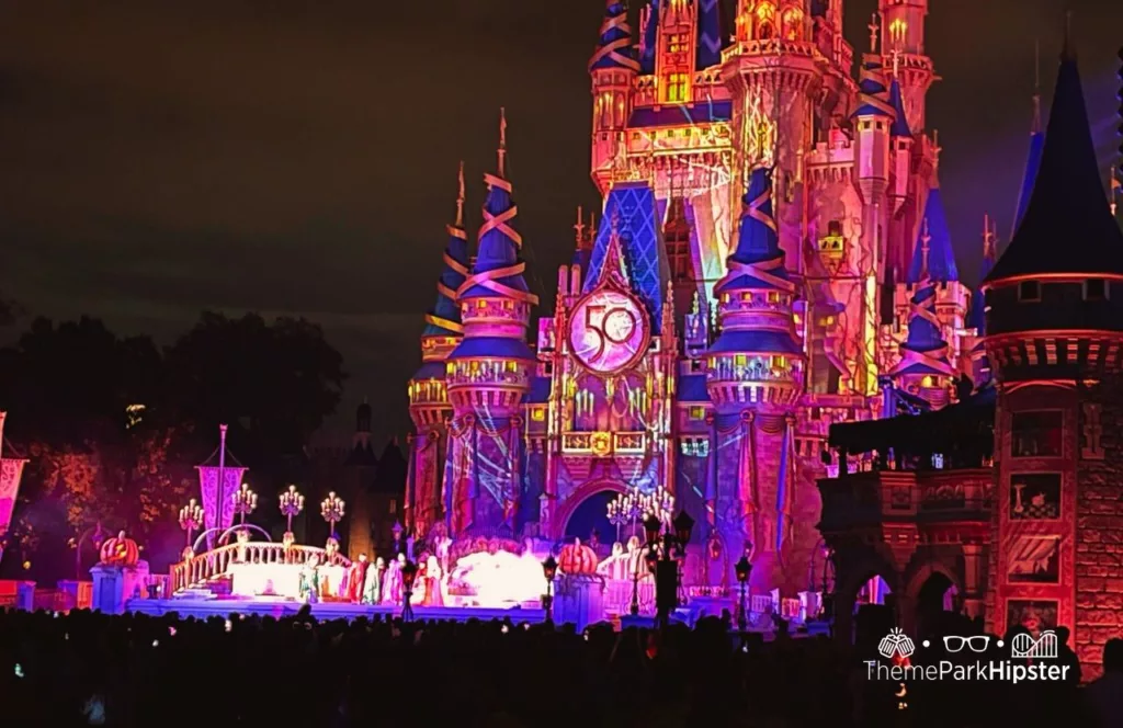 Mickey's Not So Scary Halloween Party at Disney's Magic Kingdom Theme Park Hocus Pocus Sanderson Sister show in front of Cinderella Castle