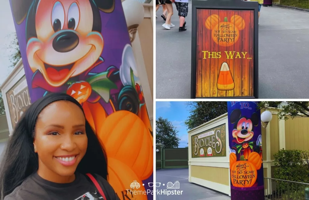 Mickey's Not So Scary Halloween Party at Disney's Magic Kingdom Theme Park Welcome Sign with Mickey Mouse and NikkyJ