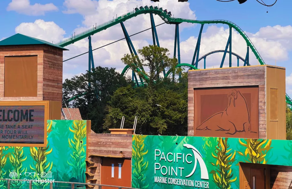 SeaWorld Orlando Resort Sea Lion and Otter Show at Pacific Point with Kraken roller coaster in the background