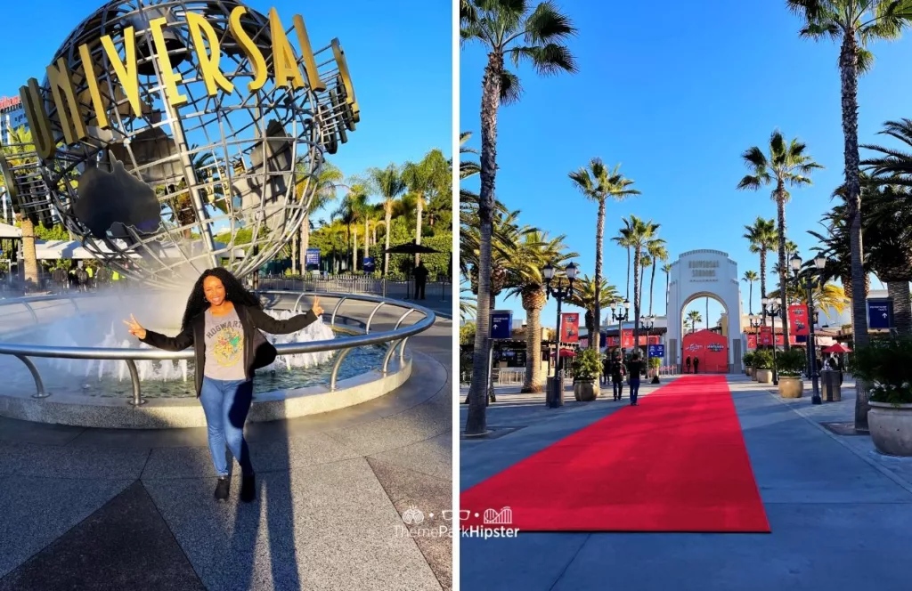 Universal Studios Hollywood NikkyJ in front of Famous Globe and Red Carpet Going alone on a Solo Theme Park Trip. Keep reading to learn how to socialize on your solo theme park trip and how to talk to people.