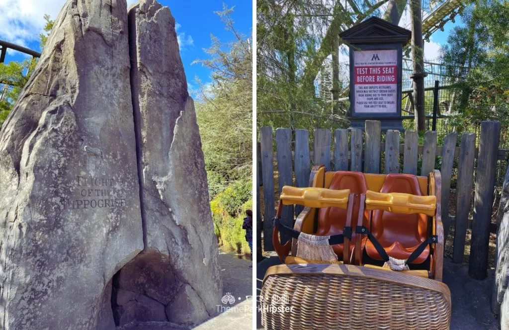 Universal Studios Hollywood Wizarding World of Harry Potter entrance to the Flight of the Hippogriff roller coaster ride with tester seats