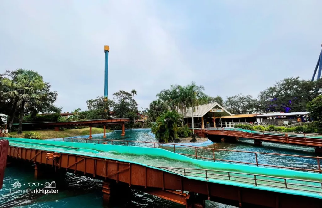 Busch Gardens Tampa Bay Stanley Flume Water Ride with Falcon's Fury looming in the background.