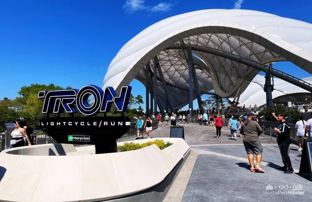 Entrance to Tron Lightcycle Run at the Magic Kingdom in Walt Disney World Resort Florida Tomorrowland. One of the best roller coasters at Magic Kingdom and fastest rides at Disney World. Keep reading to find out the best things to know before going to Walt Disney World. 