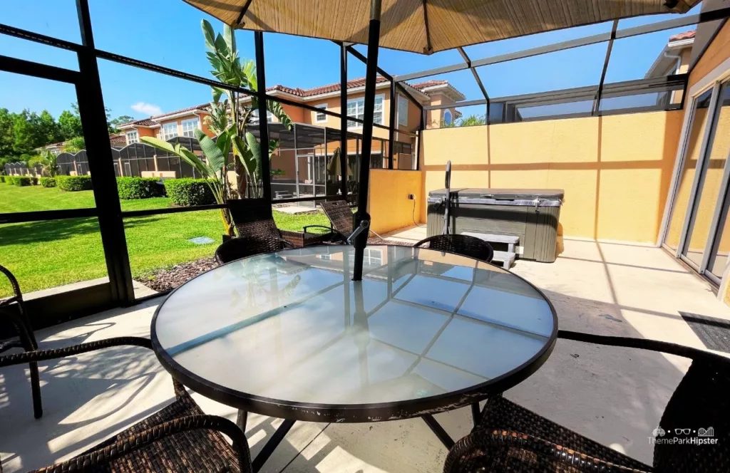 Regal Oaks Resort Near Disney World Vacation Home 3 Bedroom Townhome living room jacuzzi patio area