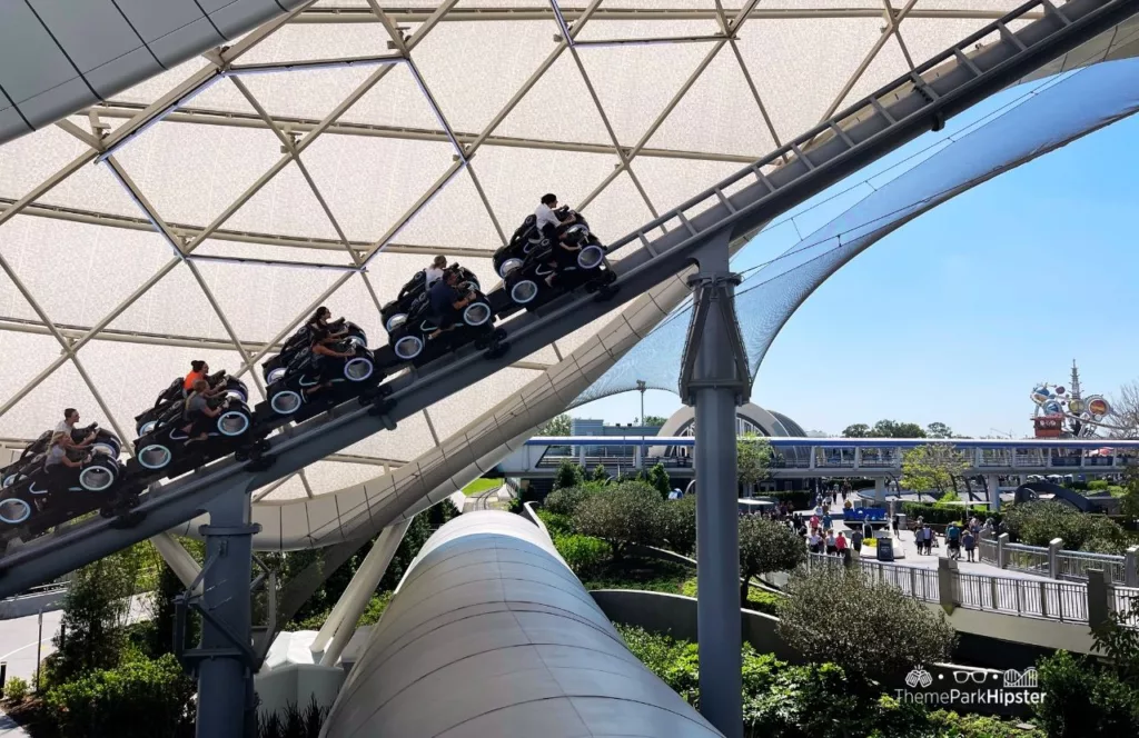 Tron Lightcycle Run at the Magic Kingdom in Walt Disney World Resort Florida Tomorrowland motorcycle roller coaster. One of the fastest rides at Disney World.