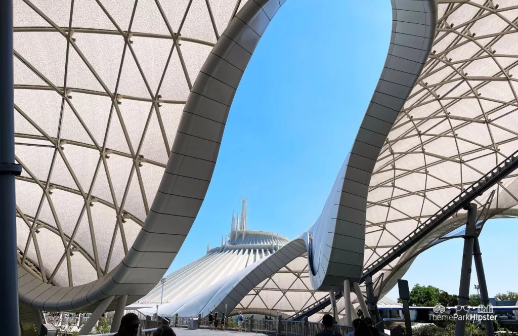 Tron Lightcycle Run at the Magic Kingdom in Walt Disney World Resort Florida Tomorrowland view of Space Mountain. One of the best roller coasters at Disney World.