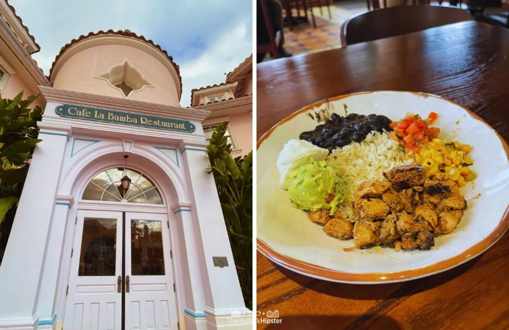 Universal Orlando Resort La Bamba Cafe Restaurant at Universal Studios Florida Chicken Bowl with Rice Corn Black Beans and Guacamole. Keep reading to get the full guide to the Universal Orlando Mobile Order Service.