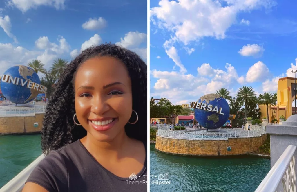 Universal Orlando Resort NikkyJ and Globe in front of Universal Studios Arches and Hollywood Rip Ride Rockit. Keep reading to get the best Universal Studios Orlando tips for beginners and first timers.