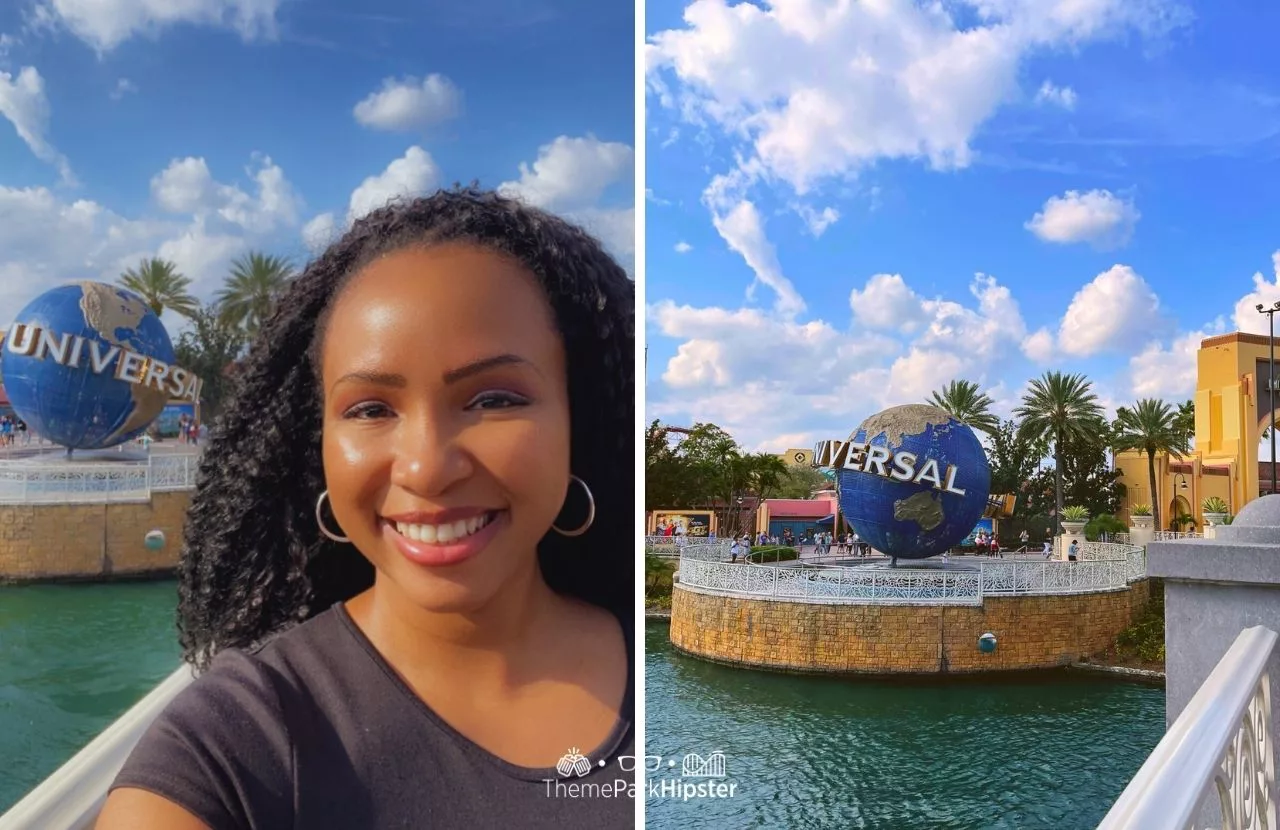 Universal Orlando Resort NikkyJ and Globe in front of Universal Studios Arches and Hollywood Rip Ride Rockit on visiting Orlando theme parks alone on a solo trip.