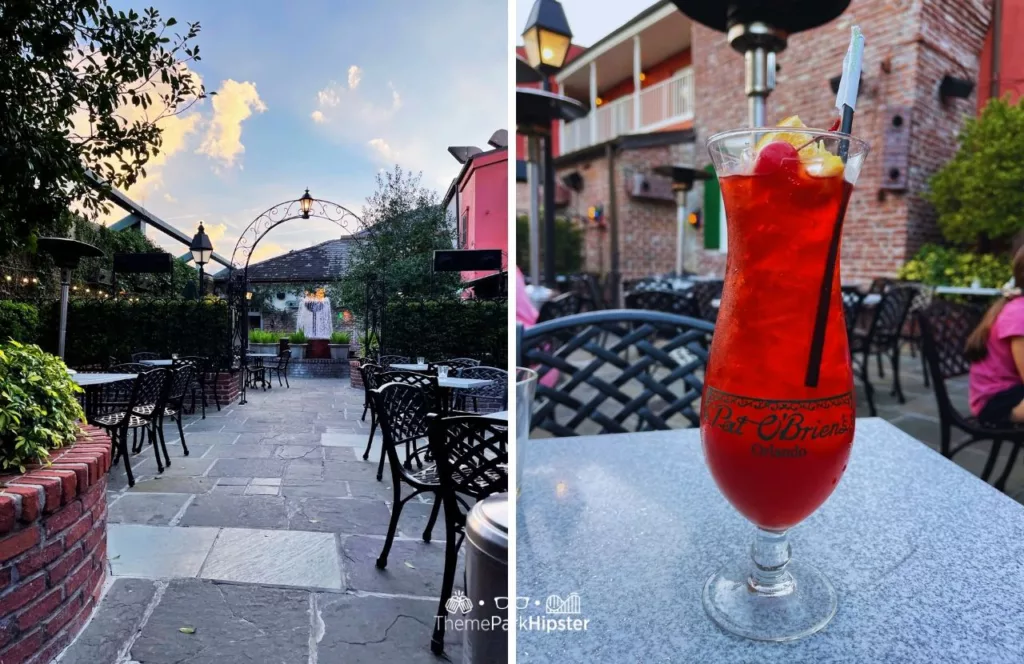 Universal Orlando Resort Pat O Briens Restaurant in CityWalk Garden and Hurricane Drink. One of the best cocktails and drinks at Universal Orlando.