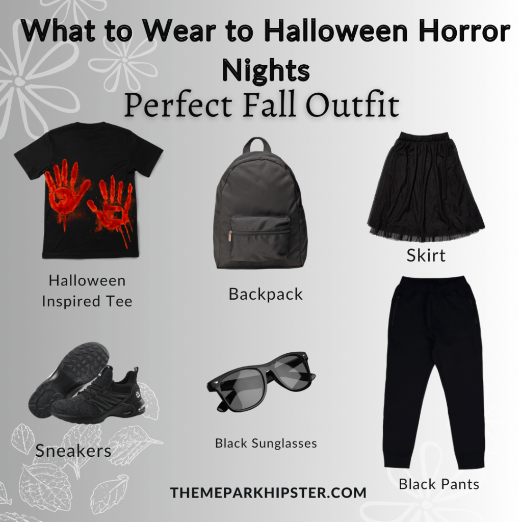 2024 What to wear to Halloween Horror Nights outfit inspo of black t-shirt, backpack, skirt, pants, sneakers, and sunglasses. Keep reading to discover what to wear to Halloween Horror Nights.