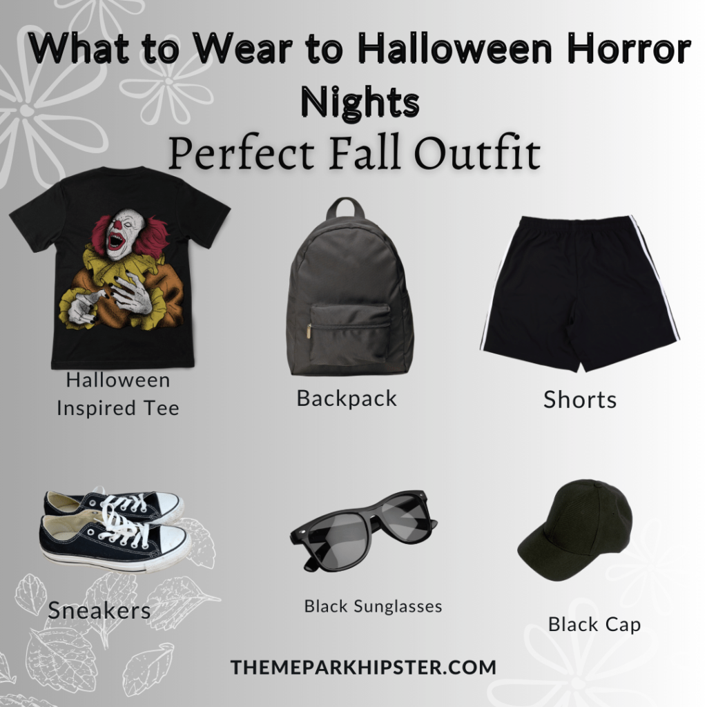 2024 What to wear to Halloween Horror Nights outfit ideas for men with IT Clown shirt, backpack, shorts, sneakers, sunglasses, and black cap. Keep reading to see what to wear to Halloween Horror Nights.