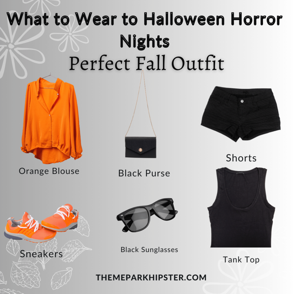 What to Wear to Halloween Horror Nights Orange Blouse with Black Purse Shorts Tank Top Sneakers and Glasses