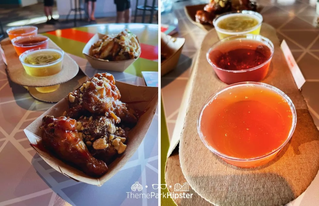 Epcot Food and Wine Festival at Disney Odyssey Cider Flight with Parmesan and Peanut Butter and Jelly Chicken Wings. Keep reading to get the world rides at Epcot for solo travelers on a solo disney world trip.