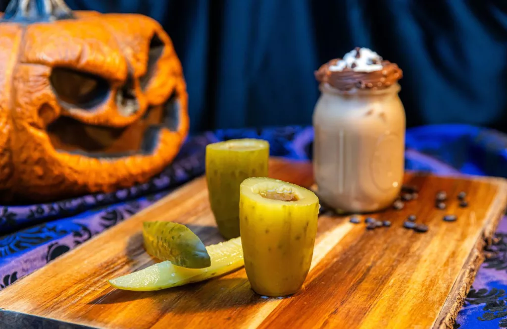 2024 Knott's Scary Farm at Knott's Berry Farm in California Judge Roy Bean Pickle Shot and Chocolate Milkshake