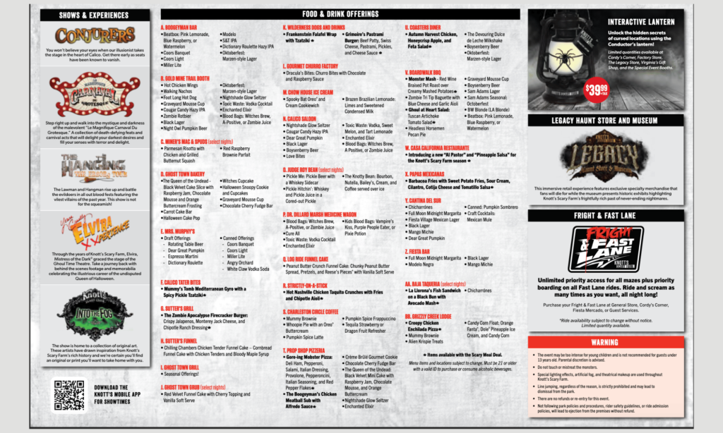 2024 Knott's Scary Farm Food and Drinks Menu