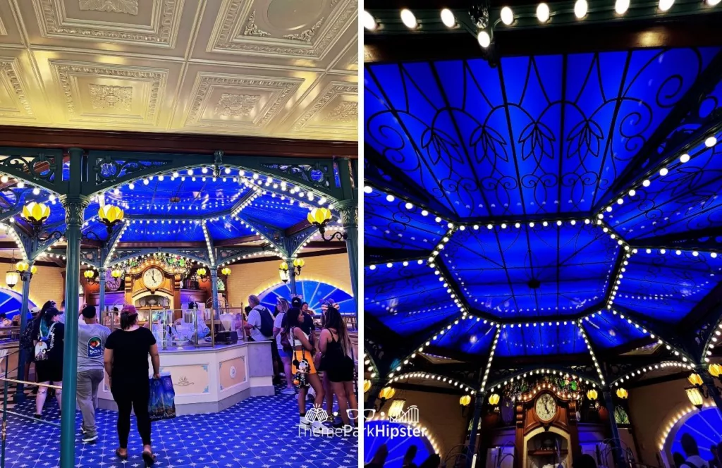 Blue ceiling with designs of lily pads that look like the night sky in the Bayou at Princess and the Frog Tiana's Palace Restaurant at Disneyland. Keep reading to find out more about Tiana’s restaurant, Disneyland.