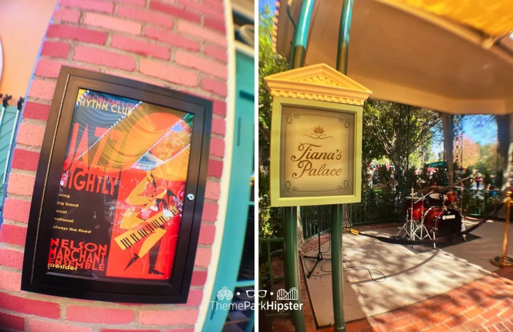 Framed poster at Princess and the Frog Tiana's Palace Restaurant Disneyland and sign of Tiana's Palace in yellow and green outside the live entertainment area with a set of drums. Keep reading to find out all there is to know about Tiana’s Palace. 