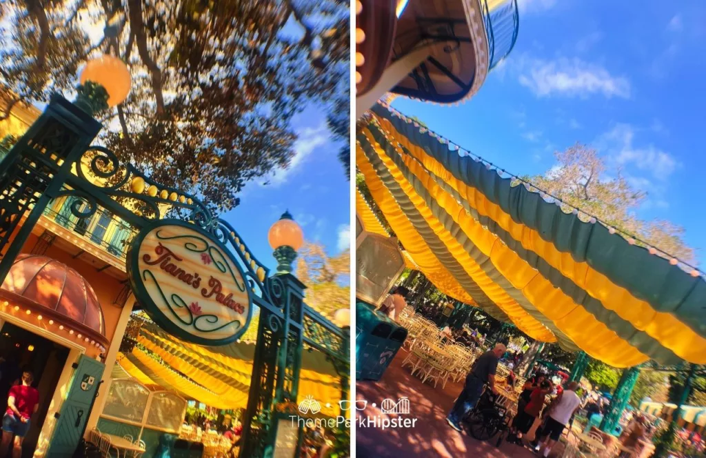 Tiana's Palace sign under the golden balcony and yellow canopies at the outside seating area at Princess and the Frog Tiana's Palace Restaurant at Disneyland. Keep reading to learn more about Tiana’s Palace.