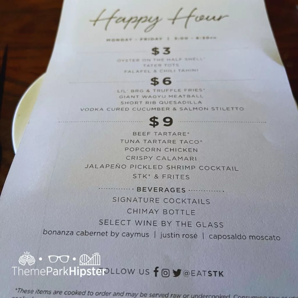 STK Orlando Disney Springs Happy Hour Menu