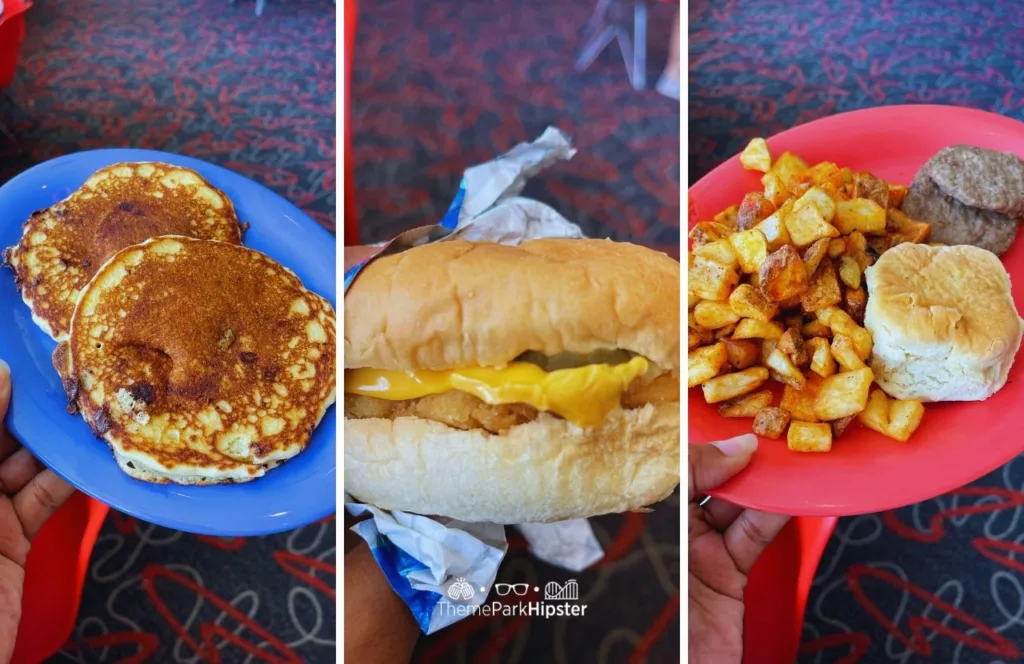 Cabana Bay Beach Resort Hotel at Universal Orlando Bayliner Diner Breakfast sandwich and pancakes sausage biscuit and potatoes