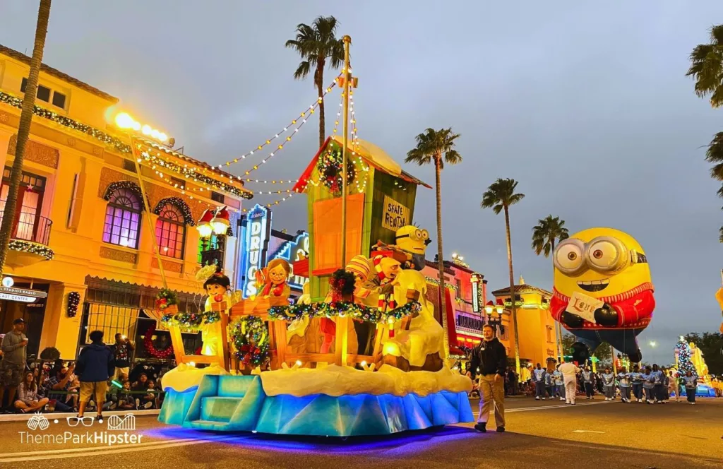 Christmas at Universal Orlando Holiday Parade featuring Macy's with Gru and Minions. Keep reading to discover more about Christmas parade at Universal Studios Florida. 