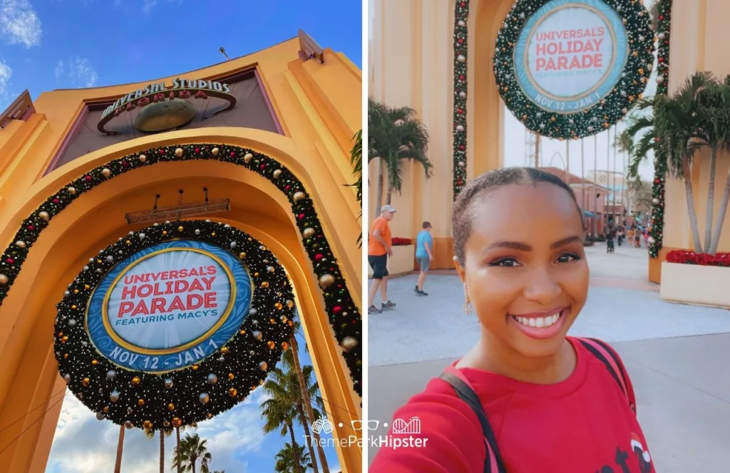 Christmas at Universal Studios Orlando Holiday Parade Sign in Arches with NikkyJ. Keep reading to learn how to go to a theme park alone.