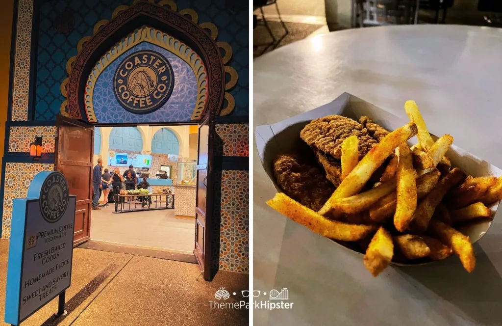 Coaster Coffee Co. entrance with a photo of chicken strips and fries at Busch Gardens Tampa Bay. 