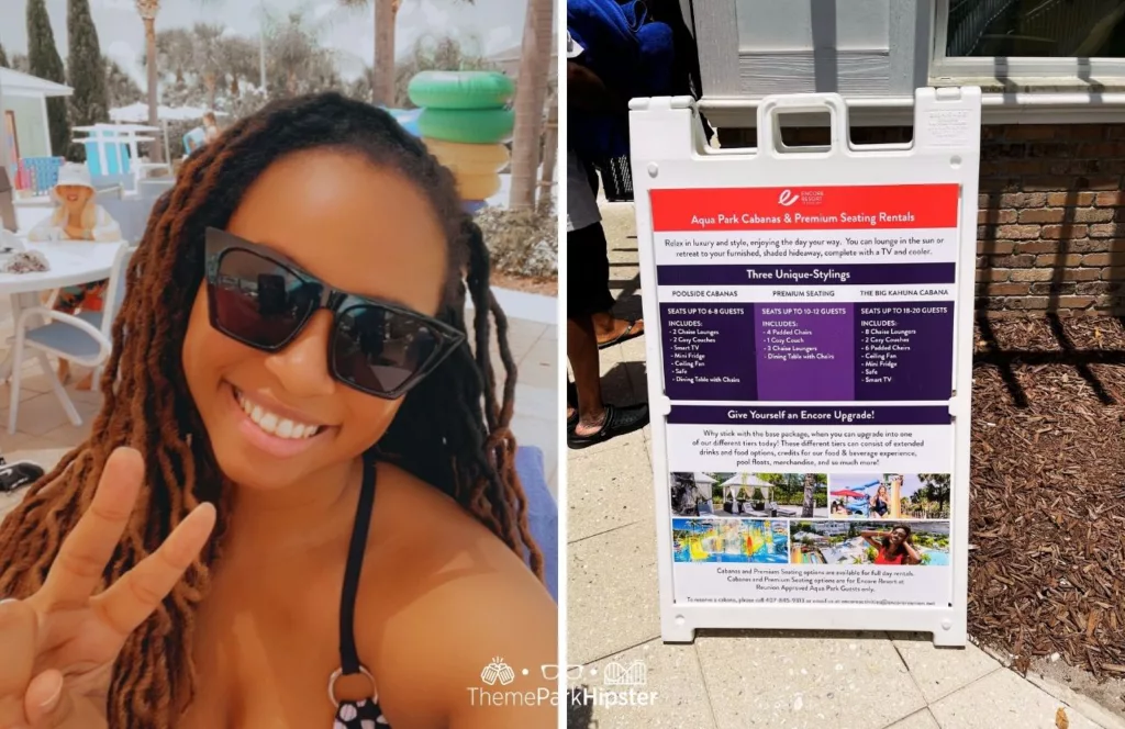 NikkyJ dining at the waterpark next to activities board at Encore Resort near Disney World. Keep reading to find out more about Encore Resort Orlando.