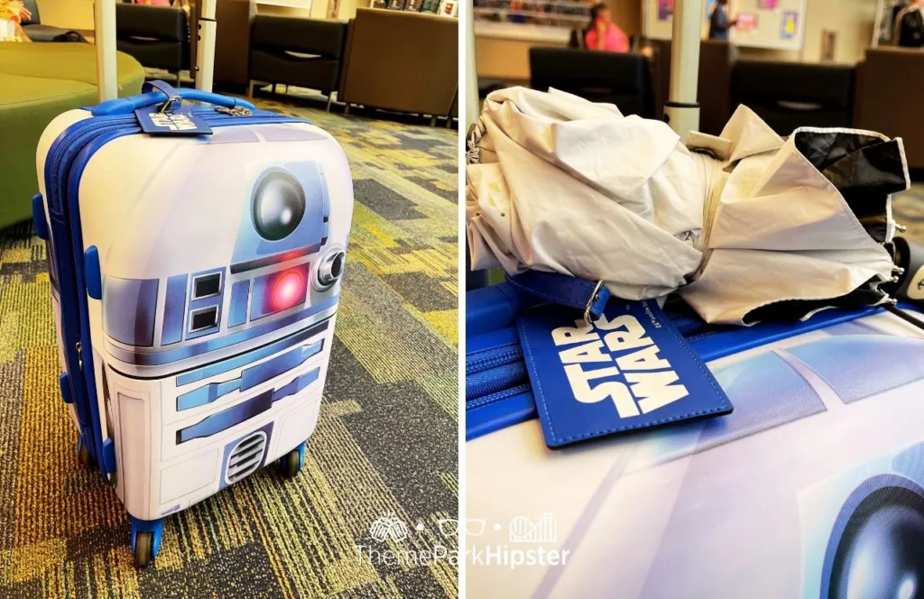 R2D2 Star Wars Suitcase at airport. One of the best luggage for Disney World. Keep reading to learn how to save for Disney World.