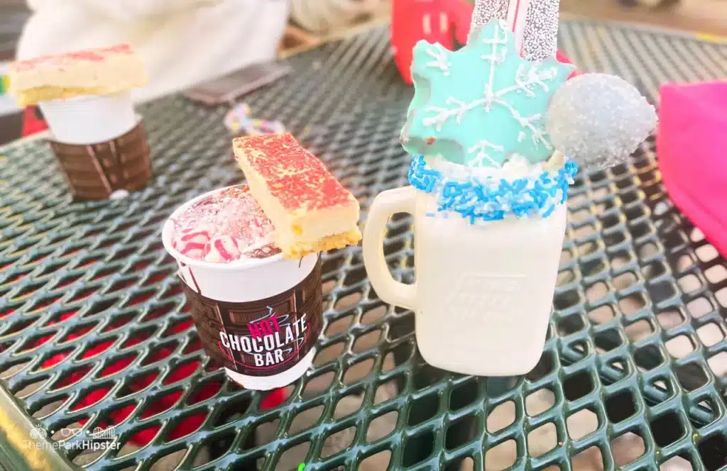 Christmas at Hersheypark Candy Lane Food Simply Hot Chocolate Bar and King Size Shake with Snowflake