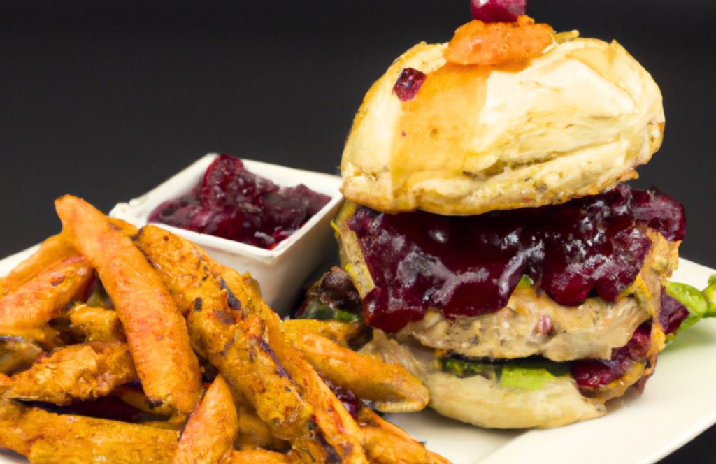 Spicy Turkey Burger Turkey burger patty, potato burger bun, sweet potato fries, cranberry sauce