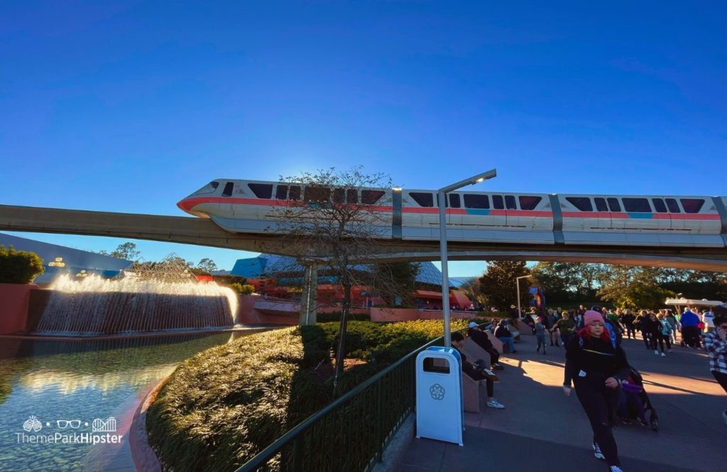 2024 Epcot Festival of the Arts Disney World Monorail on sunny day. Keep reading to get the full guide to everything you need to know about Walt Disney World.