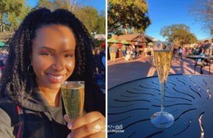 Epcot Festival of the Arts Disney World Nikky in Canada Pavilion with Champagne Drink on a Solo Disney World Trip. Keep reading to get your Epcot Drinking Around the World Passport.