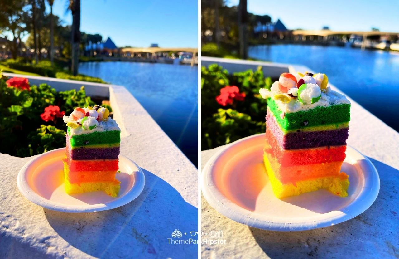 Epcot Festival of the Arts Disney World Rainbow Cake. Guide to the best and worst restaurants at Disney World and best snacks at Epcot.