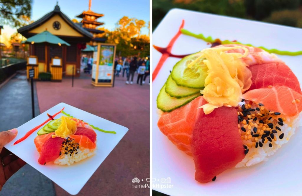 2024 Epcot Festival of the Arts Disney World Sushi Donut food in Japan Pavilion. Keep reading for the full guide to the Disney Dining Plan at Walt Disney World Resort.